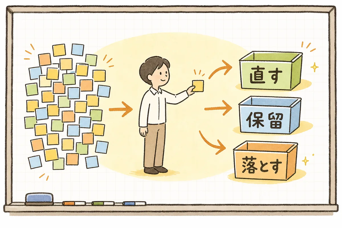 AIから返ってきた指摘の山を、直す・保留・落とすの3つの箱に振り分けている様子を示した図