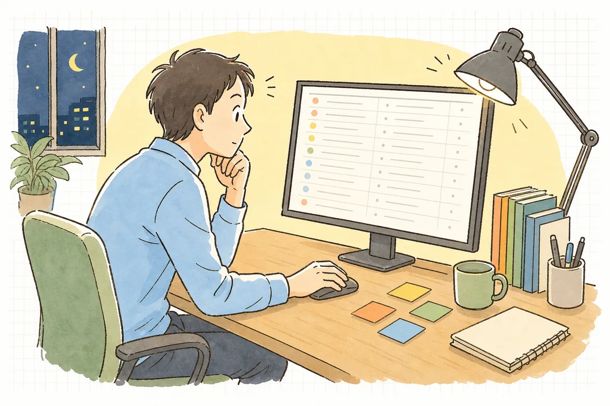 AIから返ってきた大量のレビュー指摘を前に、どれから手をつけるか一つずつ見極めようと落ち着いて画面に向かう開発者