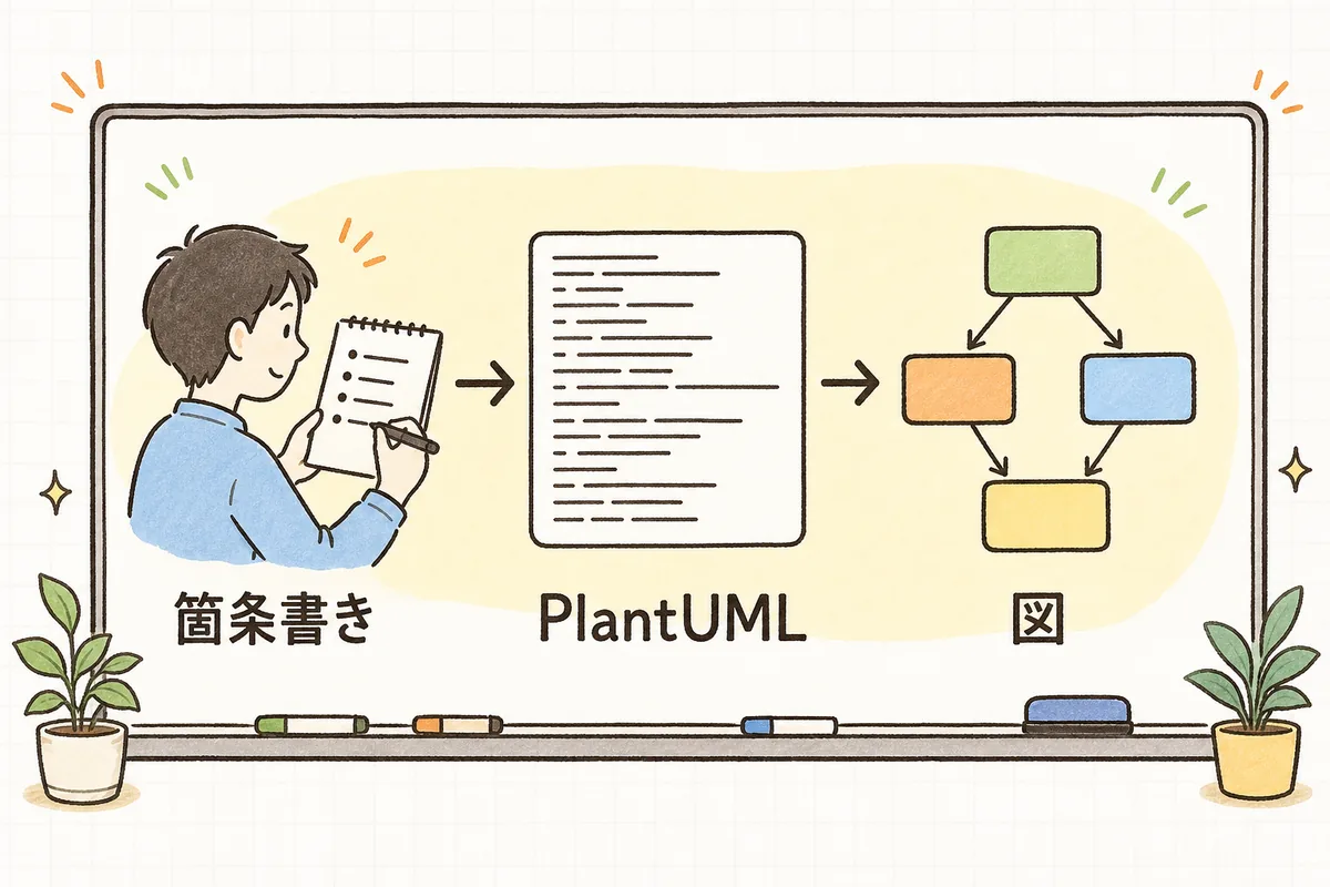 箇条書きのメモをAIがPlantUMLのテキストに変換し、それをレンダリングして図にする三段階の流れを示した図