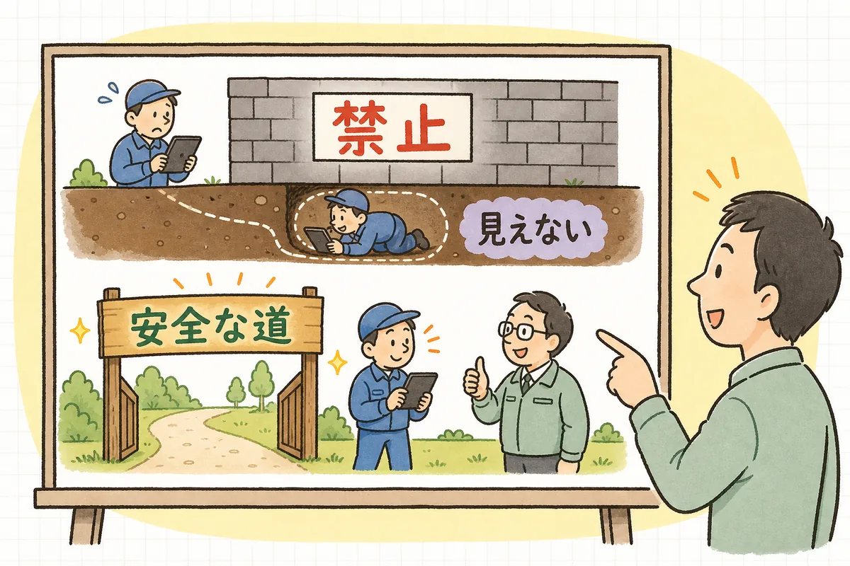 禁止だけで対応すると利用が水面下に潜って見えなくなる流れと、安全な正規ルートを用意して地上で使ってもらう流れを対比した図