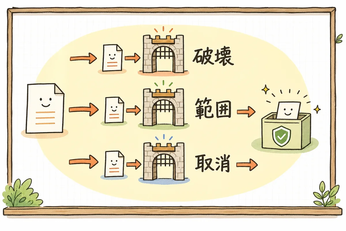 AIが出したコマンドを実行する前に、破壊系のキーワード・対象範囲・取り消せるかの3つの関所を通してから実行する流れを示した図