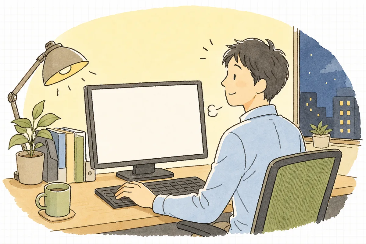 白紙に近い仕様書のドキュメントを前に、まず叩き台をAIに作らせてから自分で埋めていこうと気持ちを整えている開発担当者