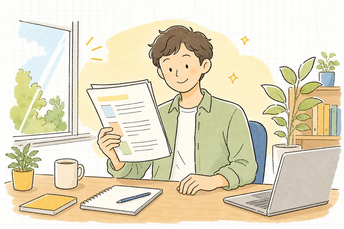 AIの叩き台をもとに中身を書き終え、形になった仕様書に穏やかな手応えを感じている開発担当者の安心した表情