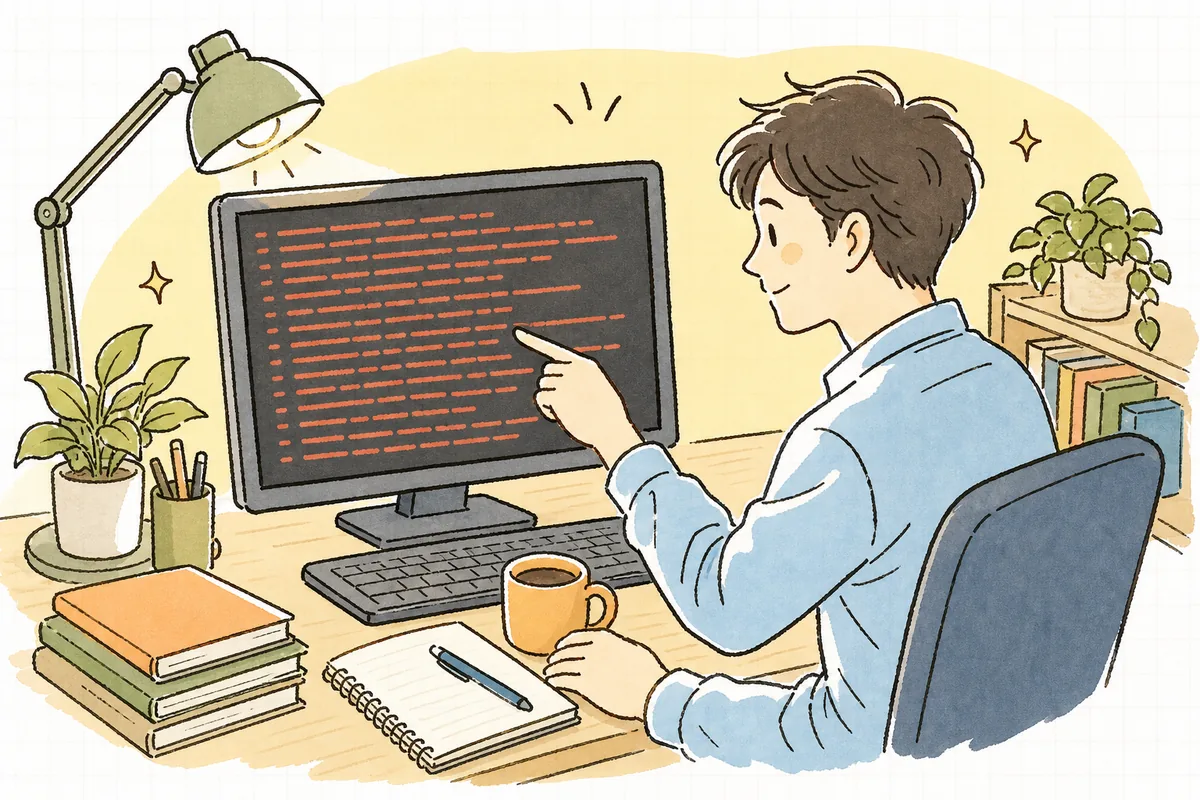 深夜、赤いエラー表示のスタックトレースを前に、慌てず該当箇所を指でたどりながら落ち着いて原因を探ろうとしている開発者