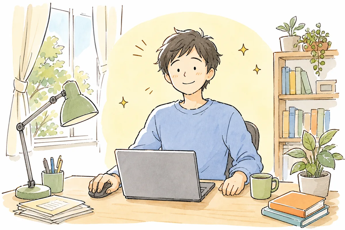原因を突き止めてテストが通り、ほっとした表情で次の作業へ落ち着いて進もうとしている開発者