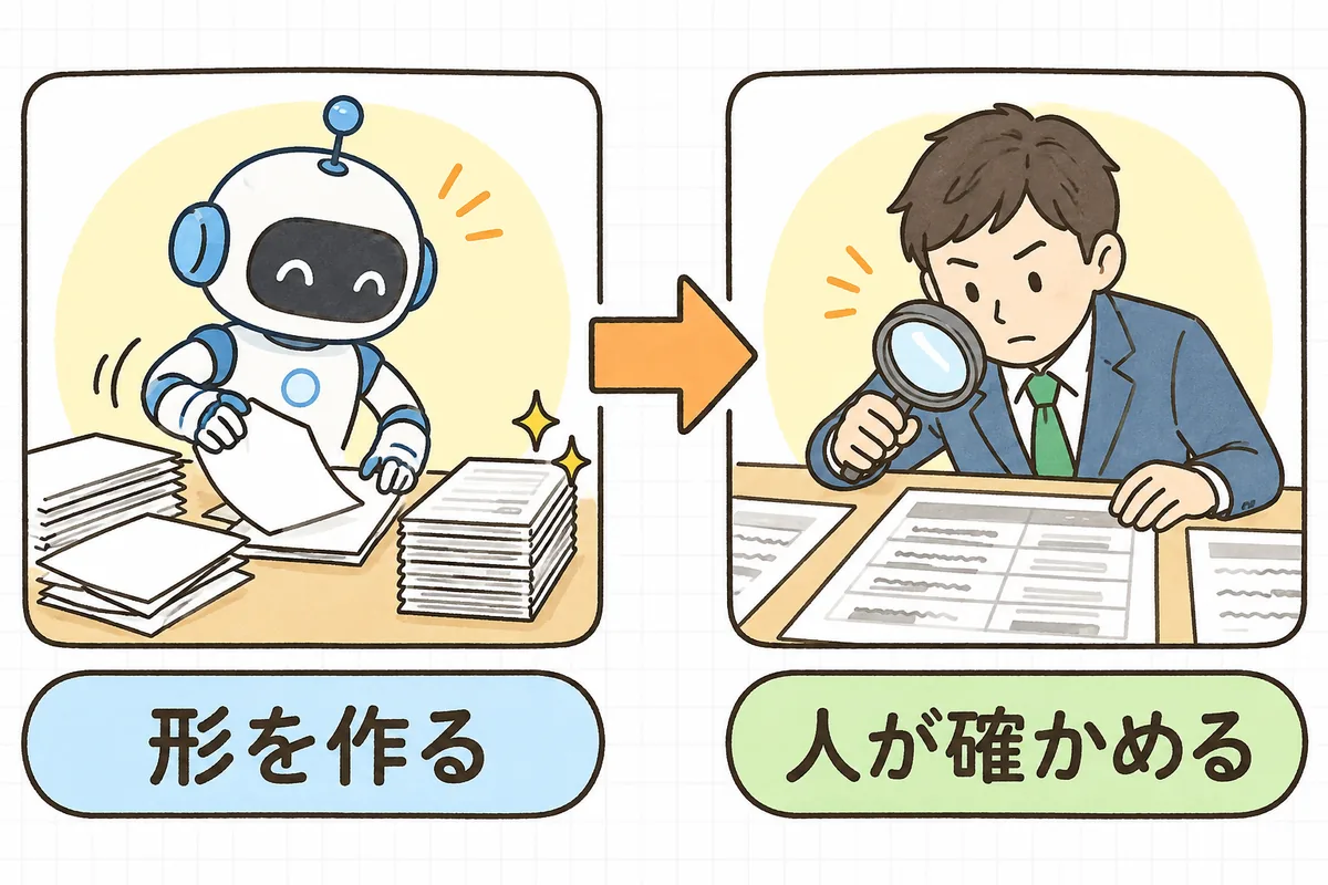 左側でAIアシスタントが文書の下書きやメモを手早く整えている絵に「形を作る」、右側で人が虫眼鏡で資料の数字を確かめている絵に「人が確かめる」とラベルが付いた2列の図