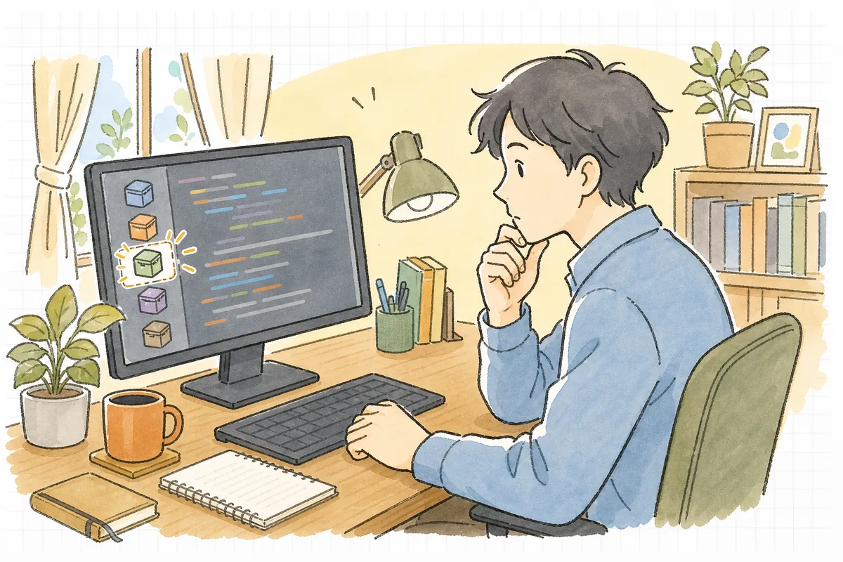 AIが提案した見慣れないライブラリ名を前に、すぐにインストールせず一度手を止めて確かめようとしている落ち着いた開発者