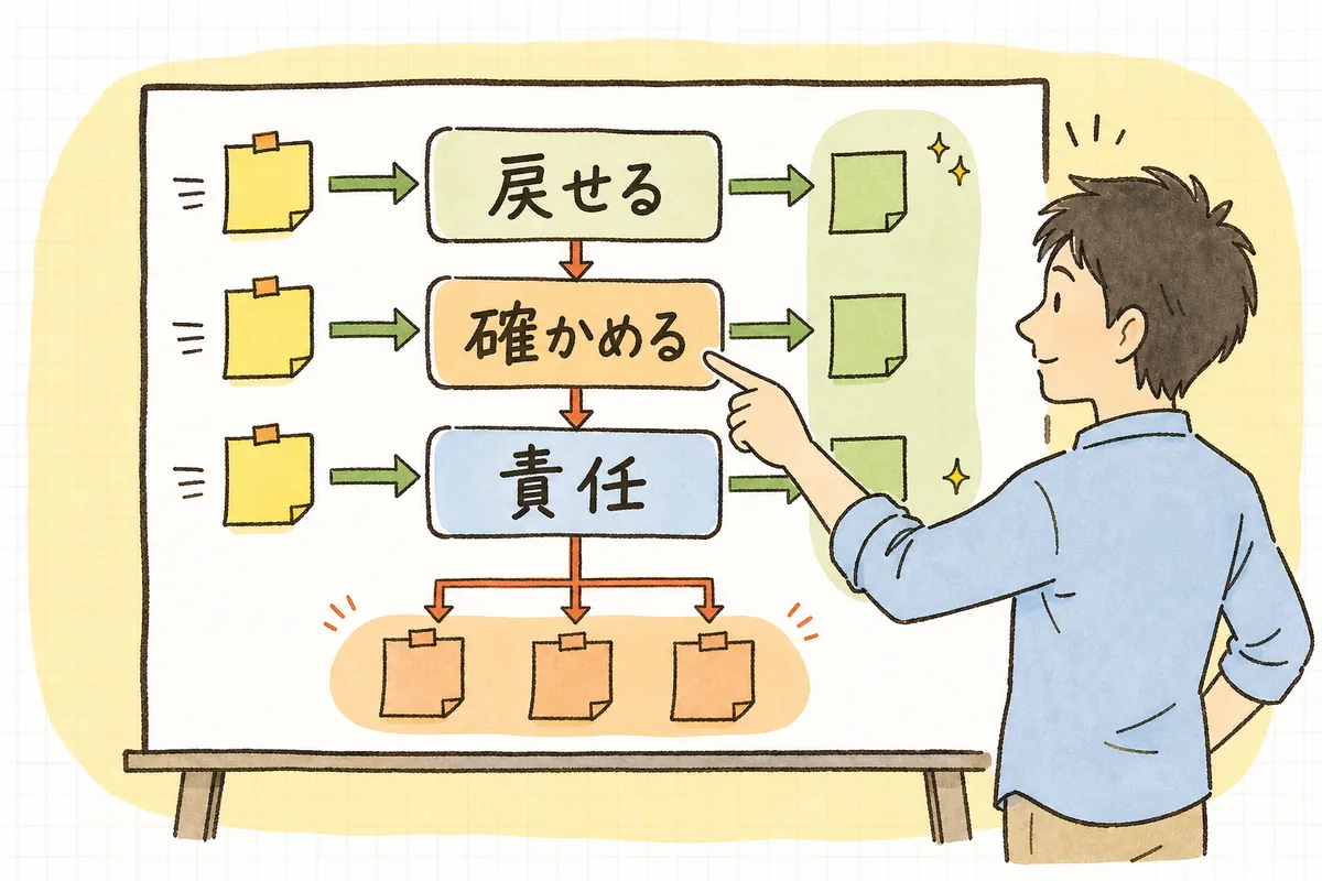 取り返しがつくか・検証できるか・責任を負えるかの3つの問いで、AIに任せる仕事と人が判断する仕事を仕分けする概念図