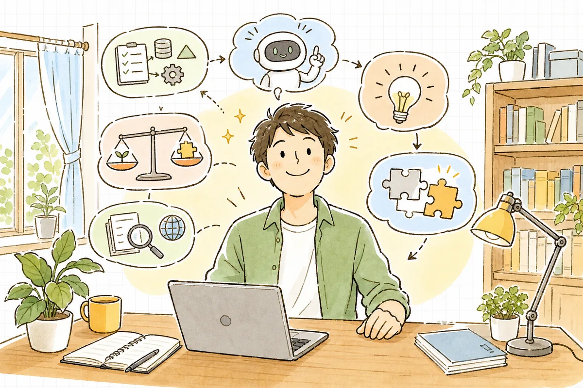制約を渡して比較し直し、事実を確かめたうえで自分で技術を選び切って、すっきりした表情で実装へ進もうとしている開発者