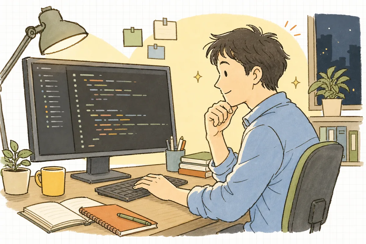 AIが出したテストが正常系ばかりだと気づき、境界や異常系の抜けを一つずつ埋めようと落ち着いて画面に向かう開発者