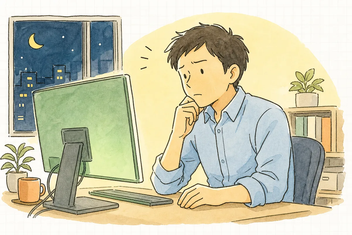 カバレッジ90%の表示を前に、数字はいいのになぜか安心しきれず画面を見つめている開発者