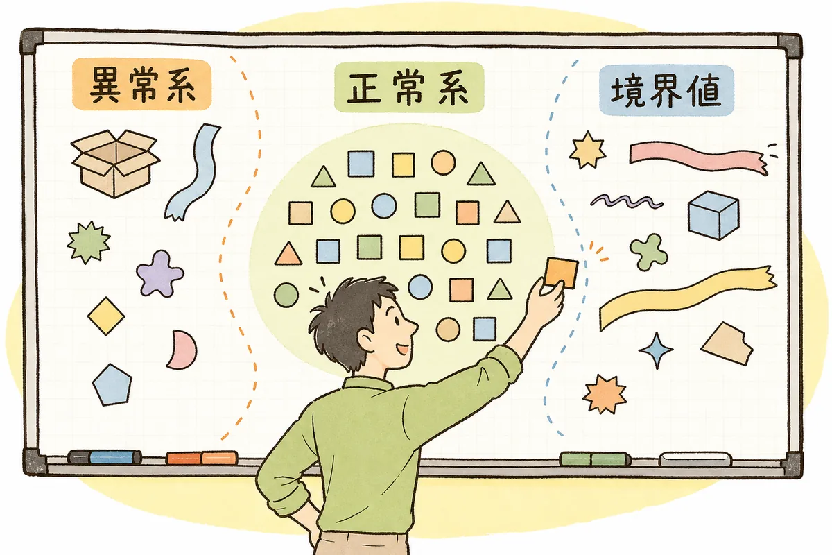 中央に寄った無難な正常系データと、端に散らばる空値・最大長・特殊文字などの異常系・境界値を対比し、両方をそろえてこそテストが効くことを示した図