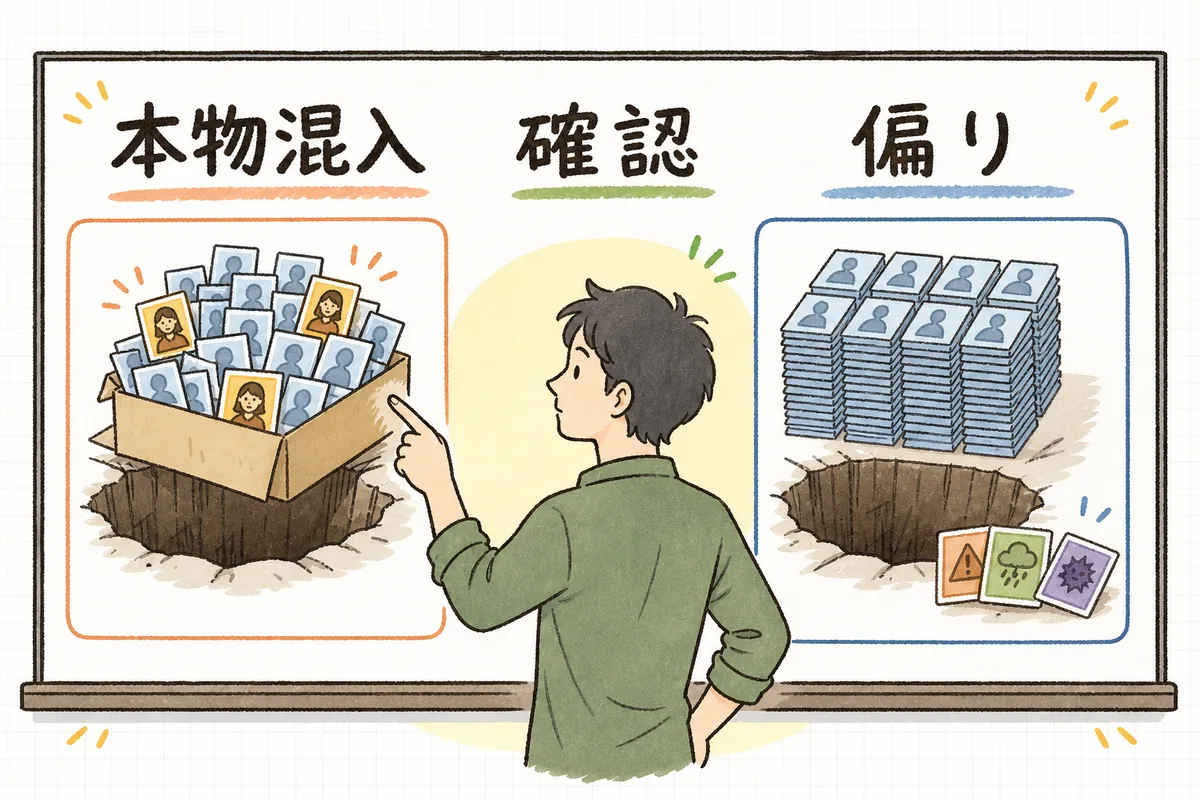 AI生成のテストデータに潜む「個人情報の混入」と「データの偏り」という2つの落とし穴を対比し、それぞれに確認の一歩を添えた概念図