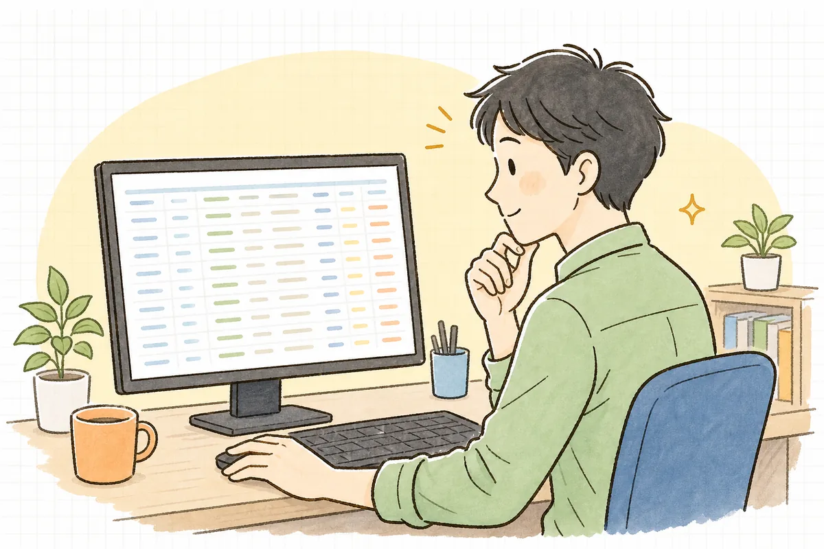 画面にずらりと並んだダミーの氏名や住所のリストを前に、「これ、そのまま使って大丈夫かな」と一瞬手を止めて確かめようとしている開発者