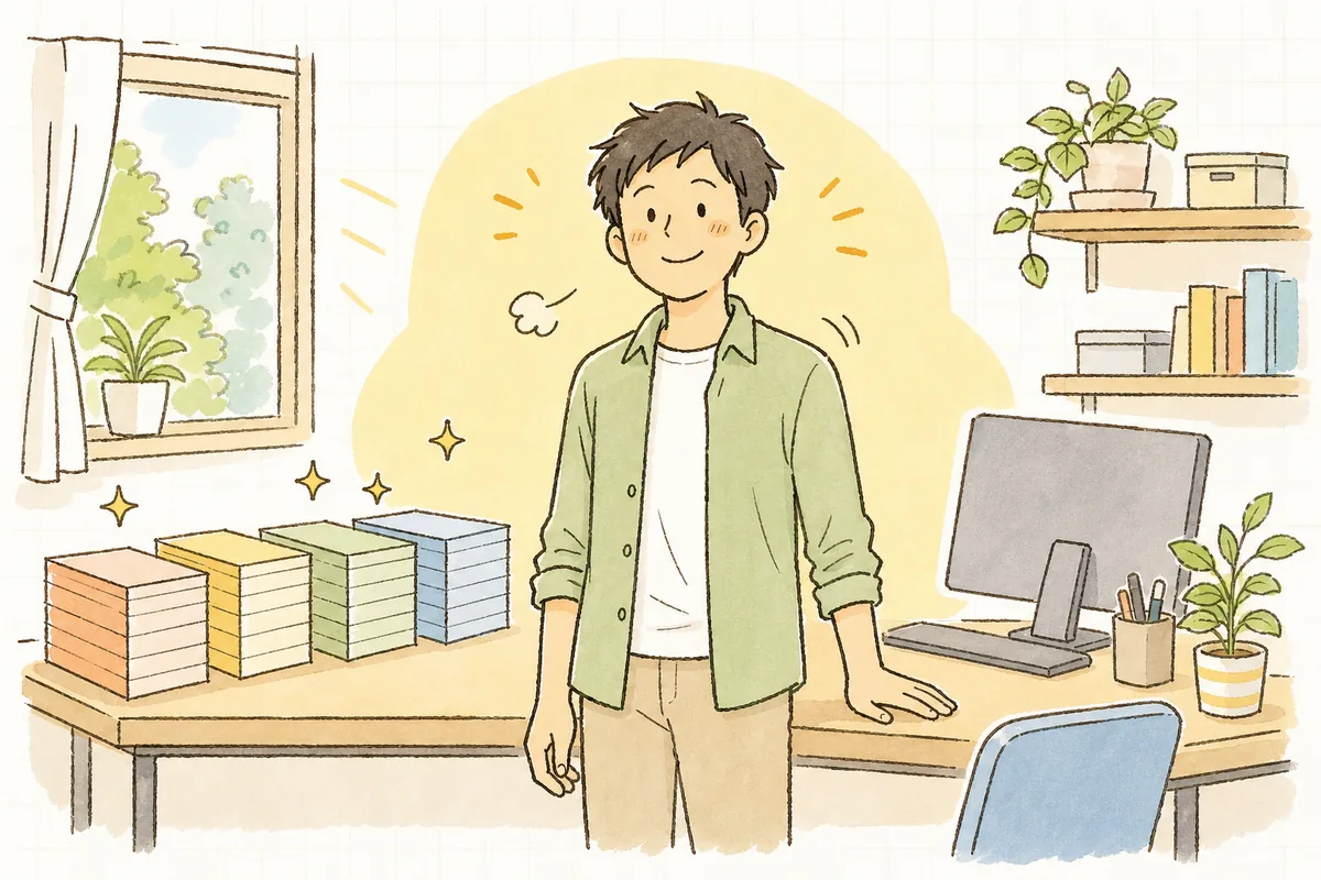 安全で偏りのないテストデータがそろい、安心した表情でテストを走らせようと次の作業へ落ち着いて向かう開発者