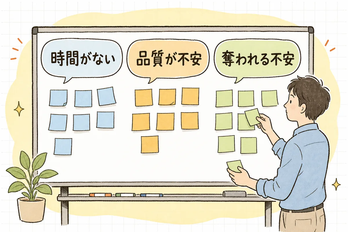 AIツールへの抵抗の裏にある「学ぶ時間がない」「品質が不安」「仕事を奪われる不安」という3つの本音を並べた概念図