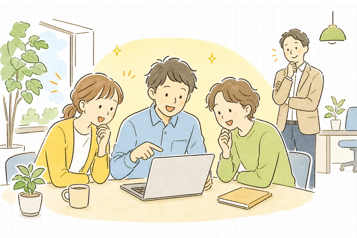 一人のメンバーがAIツールを使ってみせ、それを見た他のメンバーが自然に関心を寄せている、穏やかに広がりはじめたチームの様子