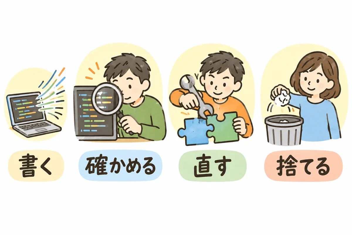 AIを使った開発の時間を「書く」「確かめる」「直す」「捨てる」の4つの場面に分けて左から並べた図