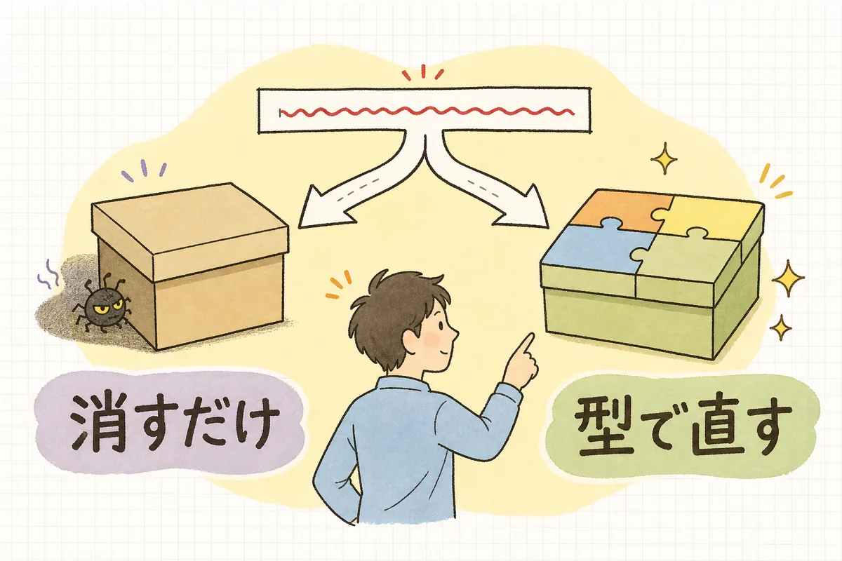 型エラーの直し方を「消すだけ（anyで黙らせる）」と「型で直す」の2つに分けて並べた対比図