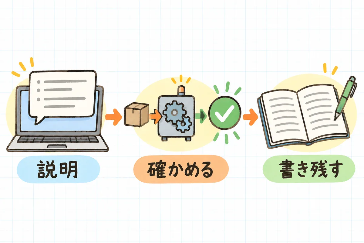 左にAIからの説明カードを読む場面、中央に小さな入力を流して結果を確かめる場面、右にノートに書き残す場面が、矢印でつながって並んでいる流れの図