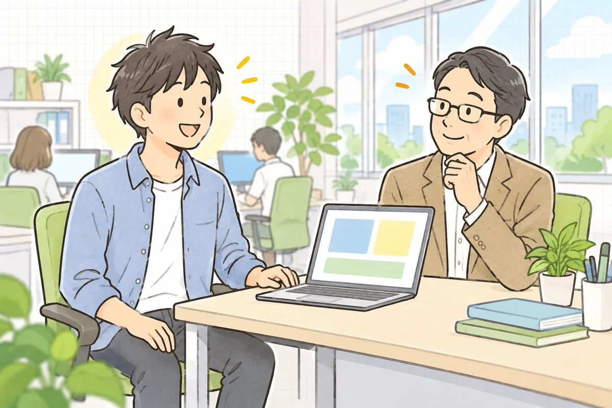 記録をたどって原因が分かり、上司に落ち着いて説明できてほっとした表情を見せている開発担当者