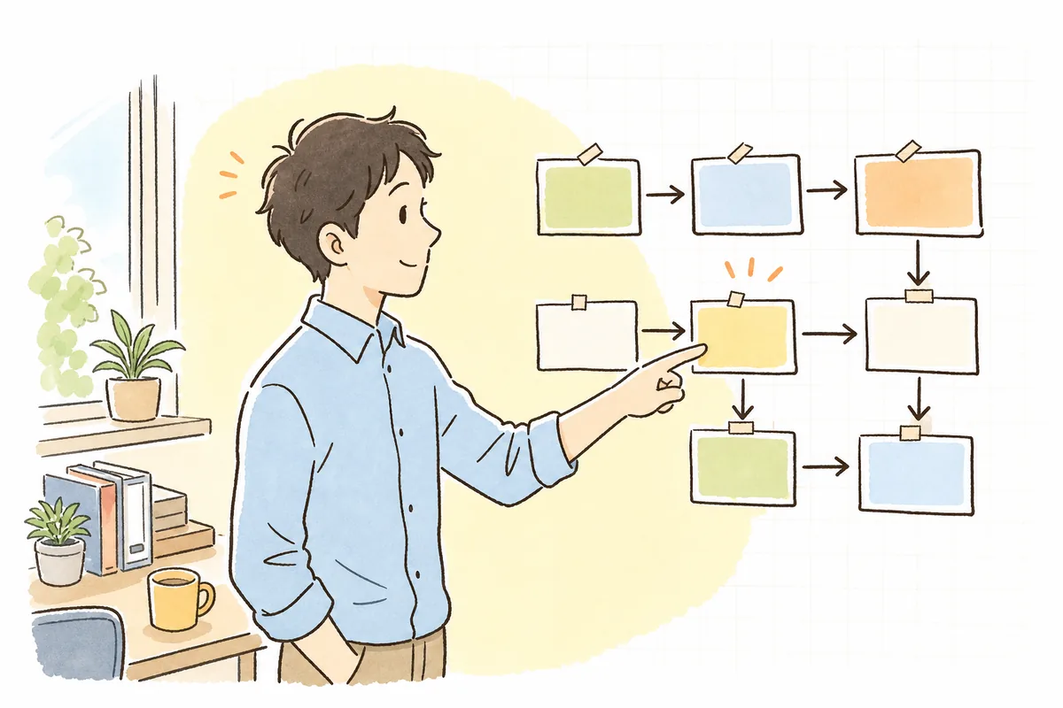 既存の業務フローを書き出した図を前に、「どの一箇所にだけAIを試しに入れてみようか」と落ち着いて考えている開発者