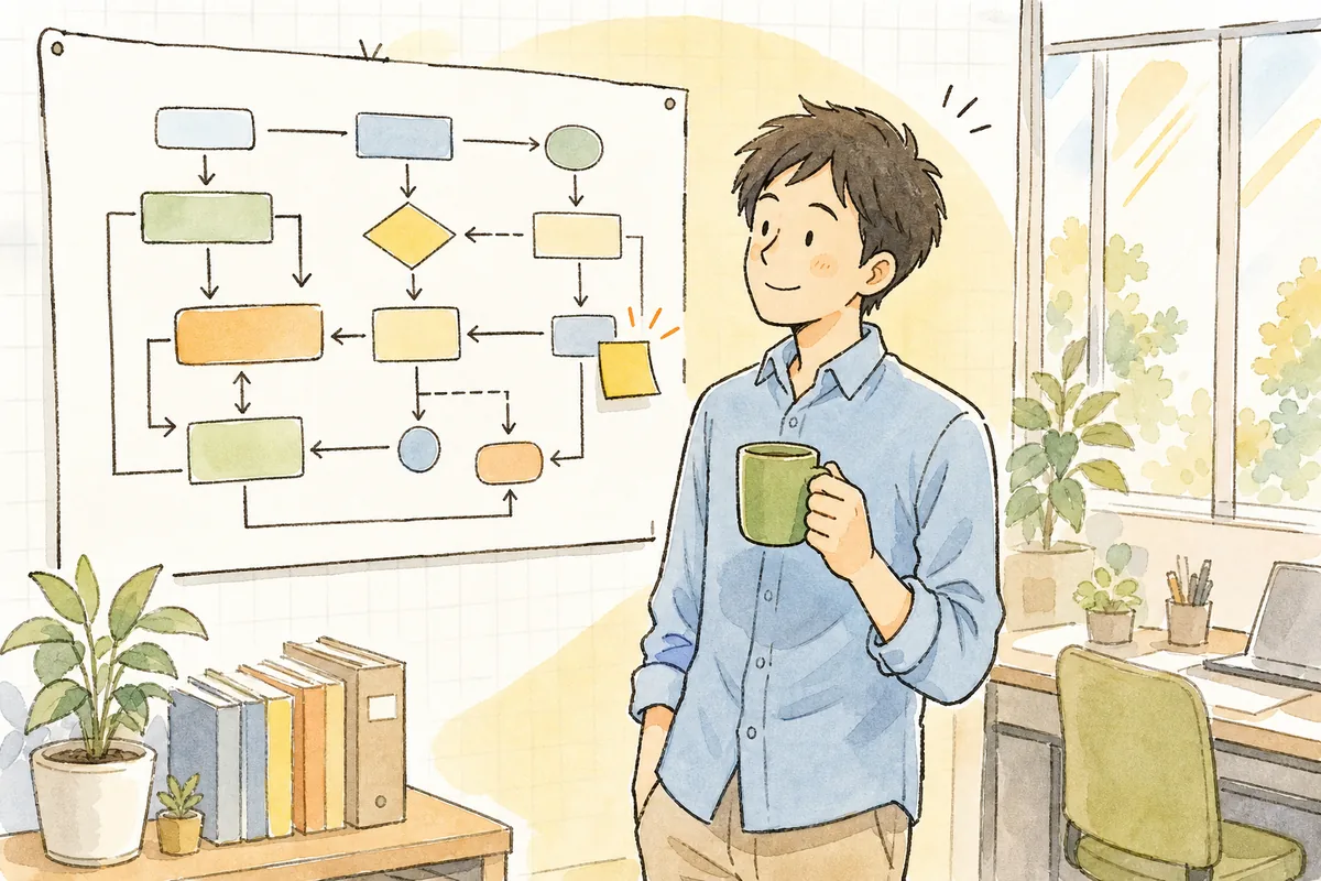 フローの一箇所にAIを試しに入れて、うまく回り始めた業務を前に、少し肩の力が抜けた表情の開発者